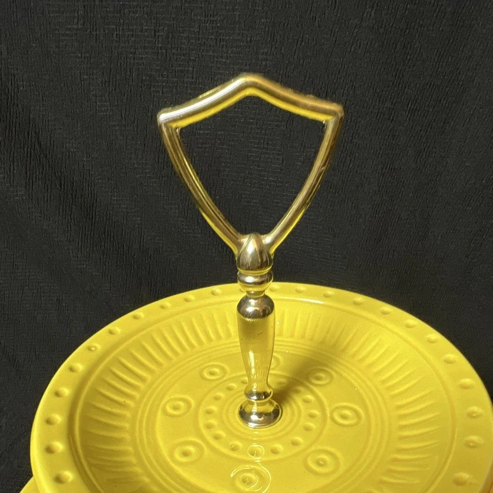 Vintage CALIF USA Yellow 2-Tier Serving Tray MCM Tidbit Serving Tray Metal